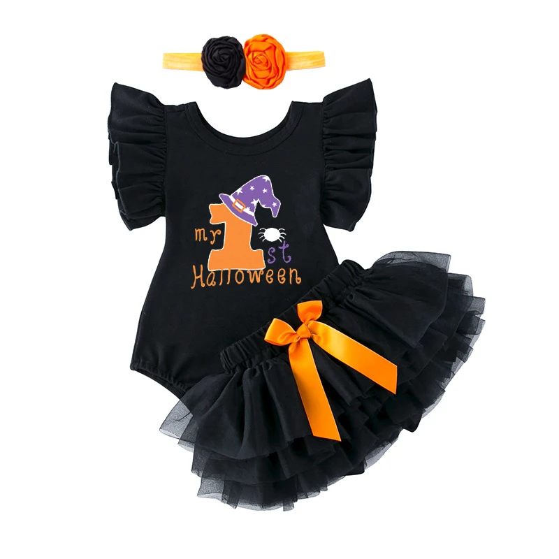 

Костюм на Хэллоуин для маленьких девочек, детский комплект одежды для новорожденных 2023, повязка на голову с брюками мой 1, 3 предмета одежды