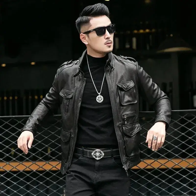 

Men Faux Leather Jacket Soft Slim Fit Classic Pure Cowhide Multi-pocket Spring Fall Motorcycle Style Pu Leather Coar W79