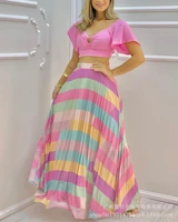 womens color v neck short sleeve maxi skirt 2 piece sets women big swing skirts beach wear crop tops female long dress