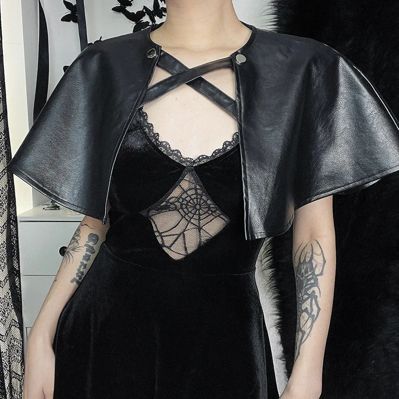 

Женская одежда, короткая маленькая накидка, темная кожаная шаль в стиле панк, одежда в стиле Харадзюку Y2k, Готическая кожаная куртка