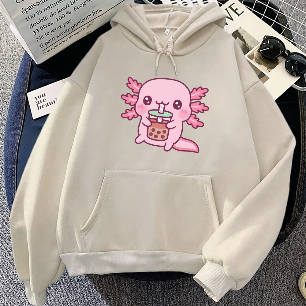 Розовые толстовки с капюшоном Axolotl Eating Bubble Boba Milk Tea зимние рисунком из мультфильма