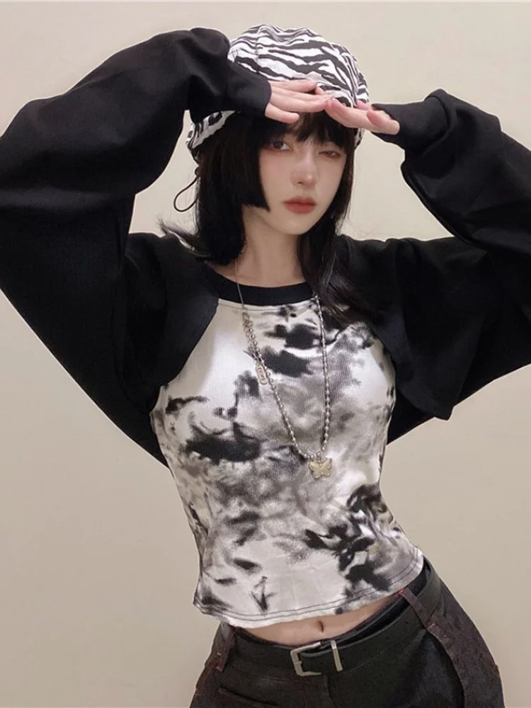 

2022 Spring Streetwear Gothic Fake Two Pieces Crop Hooded Long Sleeve Tie Die Print Pullover Harajuku Casual Sweet Loose Hoody