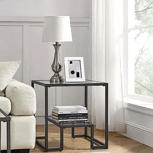 

Side Table Square Glass End Table with Clear Tempered Glass Top and Storage Shelf Modern Sofa Side Table Nightstand Table Metal