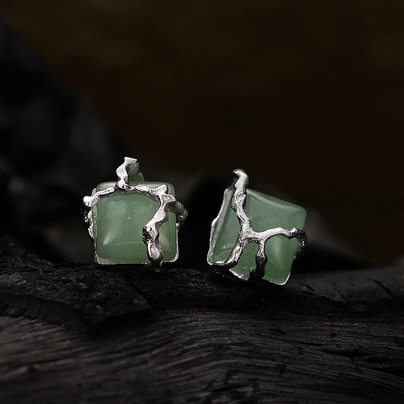 

Youth of Vigor Solid 925 Silver Green Square Jade Studs Bark Element Original Party Woman Earrings E1157