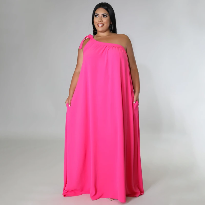 Summer New Sexy Asymmetric Solid Color Long Skirt Sleeveless One Shoulder Halter Neck Open Back Plus Size Dress Women's Slim 5xl