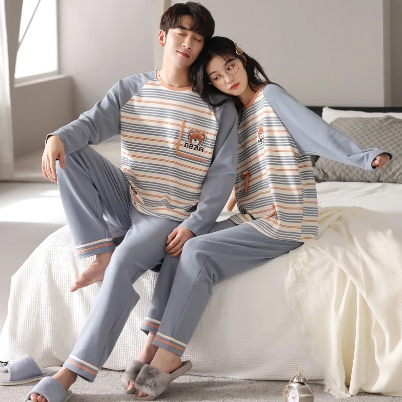 Yasuk Spring Autumn Women's Casual Soft Sleepwear Homewear Couple Pajamas Set With Pants Simple Striped Patchwork Bear Unisex