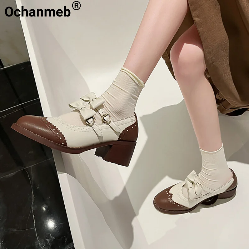 

Ochanmeb Women Sweet Lovely Bow-tie Knot Mary Janes Natural Leather Double Buckle Pumps Mixed Color Lady Daily Dating Party Shoe