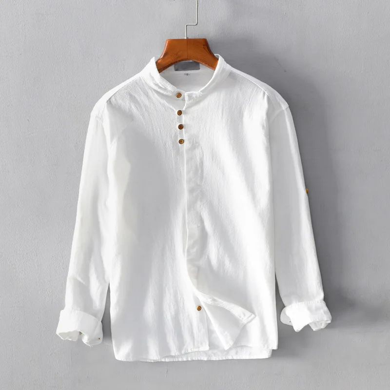 

Мужские рубашки, осень 2022, новая мужская хлопковая льняная рубашка, повседневная, большой размер, стоячий воротник, мужская рубашка с длинны...