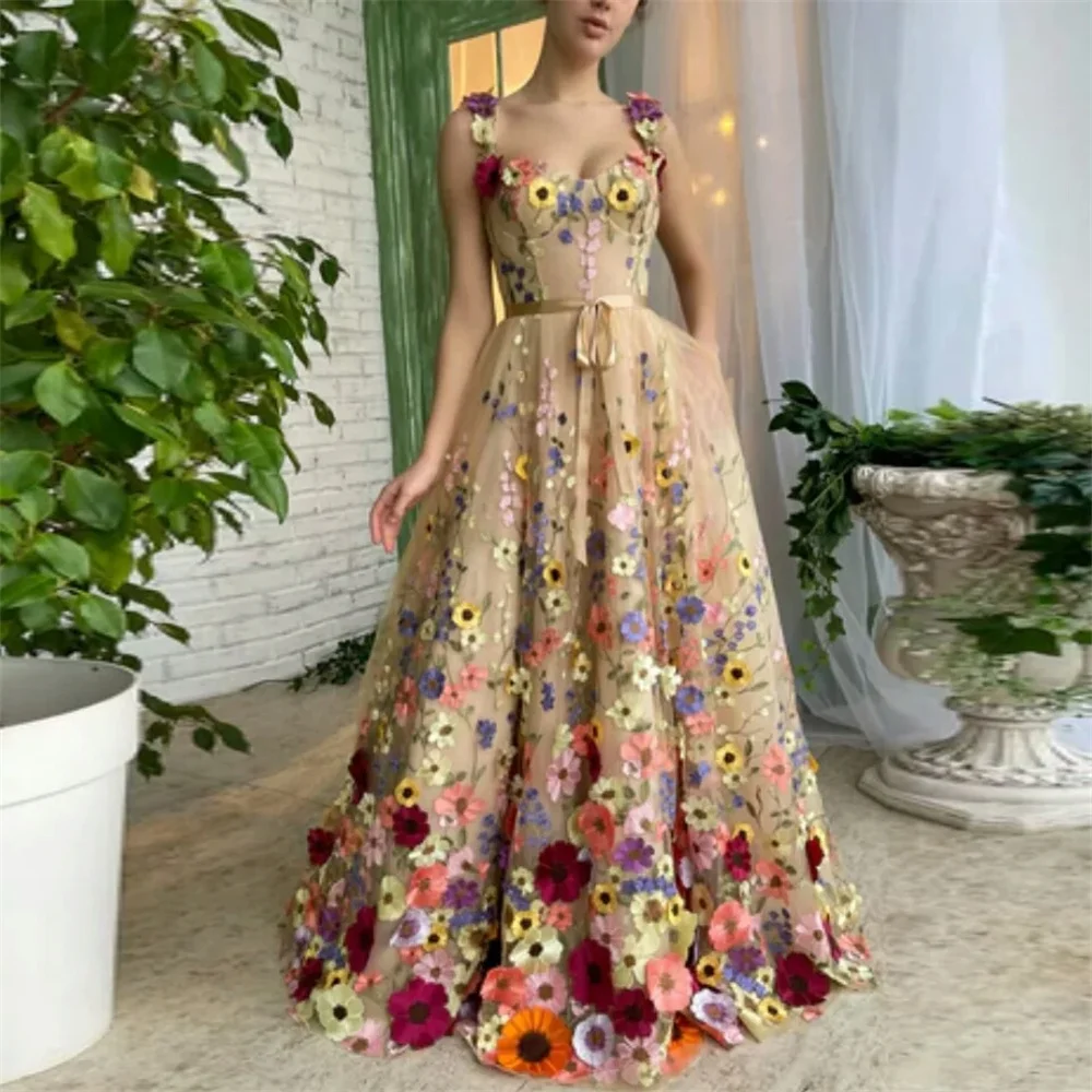

Fairy Floral Lace Maxi Prom Dresses Sweetheart Flowers Embroidery A-Line Wedding Party Long Formal Evening Gowns