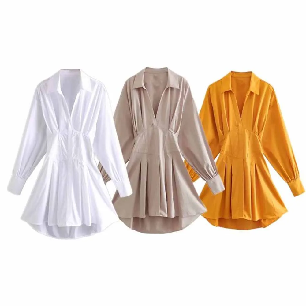 

URMASZA2022 women's spring and summer new fashion three-color waist closure design shirt-style V-neck mini Dresses