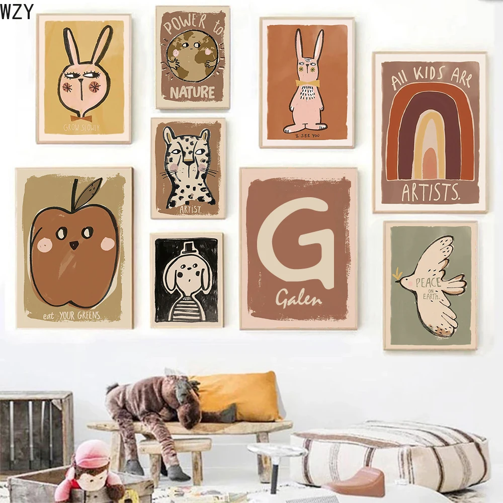 

Personalized Nursery Wall Art Customize Kids Name Poster Print Cartoon Animals PaintingRetro Canvas for Baby Room Wall Pictures