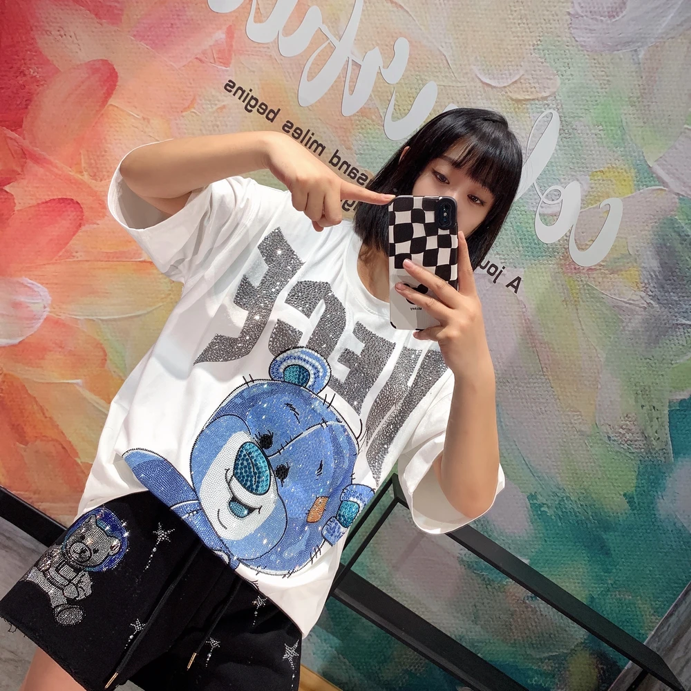 

Luxury Trendy Summer Short Sleeve Women Tshirts 2022 New Blue Bear Casual Loose Pullover Top Cotton Streetwear Hot Drill Tees