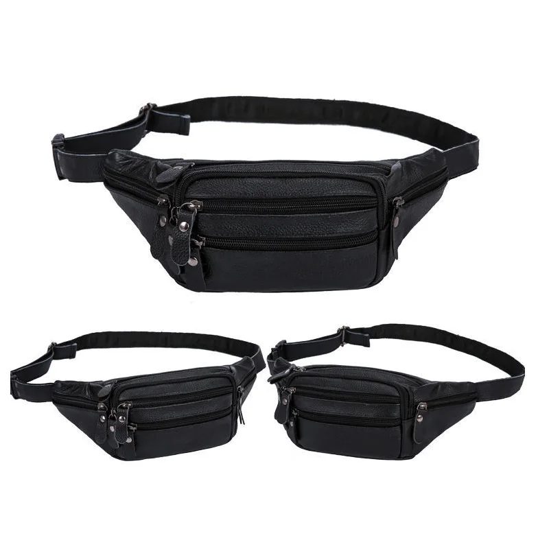 Real Genuine Leather Men's Waist Bag Cowhide Male Zipper Fanny Pack for Site Workers Travel Phone Bag Large Capacity Waterproof