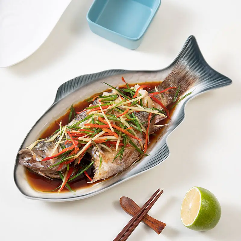 

1pc Plate Fish Shaped Ceramic Tableware Snack Storage Fish Pan for Restaurants Party Gatherings