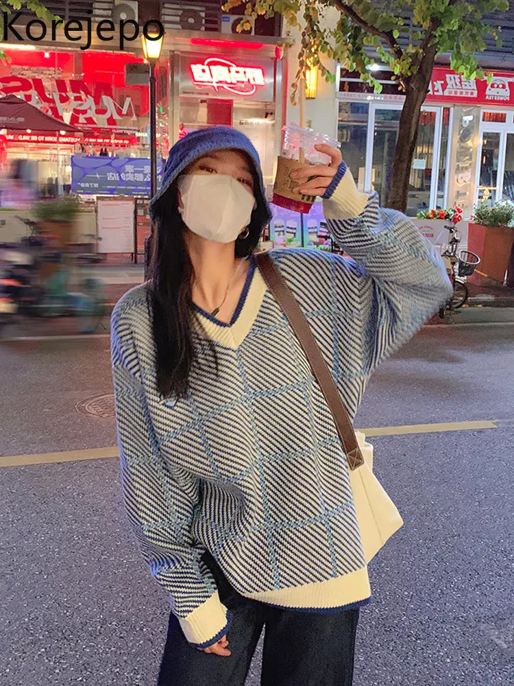 

Korejepo Purple V Neck Soft Sweater Women Autumn Retro Loose Lazy Style Chic Sweaters Top 2022 New Knitted Versatile Pullover