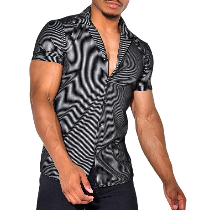 Men Shirt Summer Cardigan Single-Breasted Shirt Women Short Sleeve Turn-down Collar Striped Shirt Hawaiian Beach Vacation Shirt