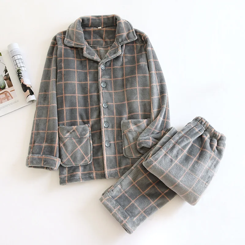 New winter men's pajamas suit flannel long sleeved trousers two-piece coral velvet men's plaid warm and thickened home clothes