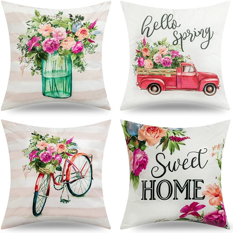 

Spring Pillow Covers 18X18 Inch Set Of 4 Spring Decorations Farmhouse Throw Pillows Cushion Cases Home Decor
