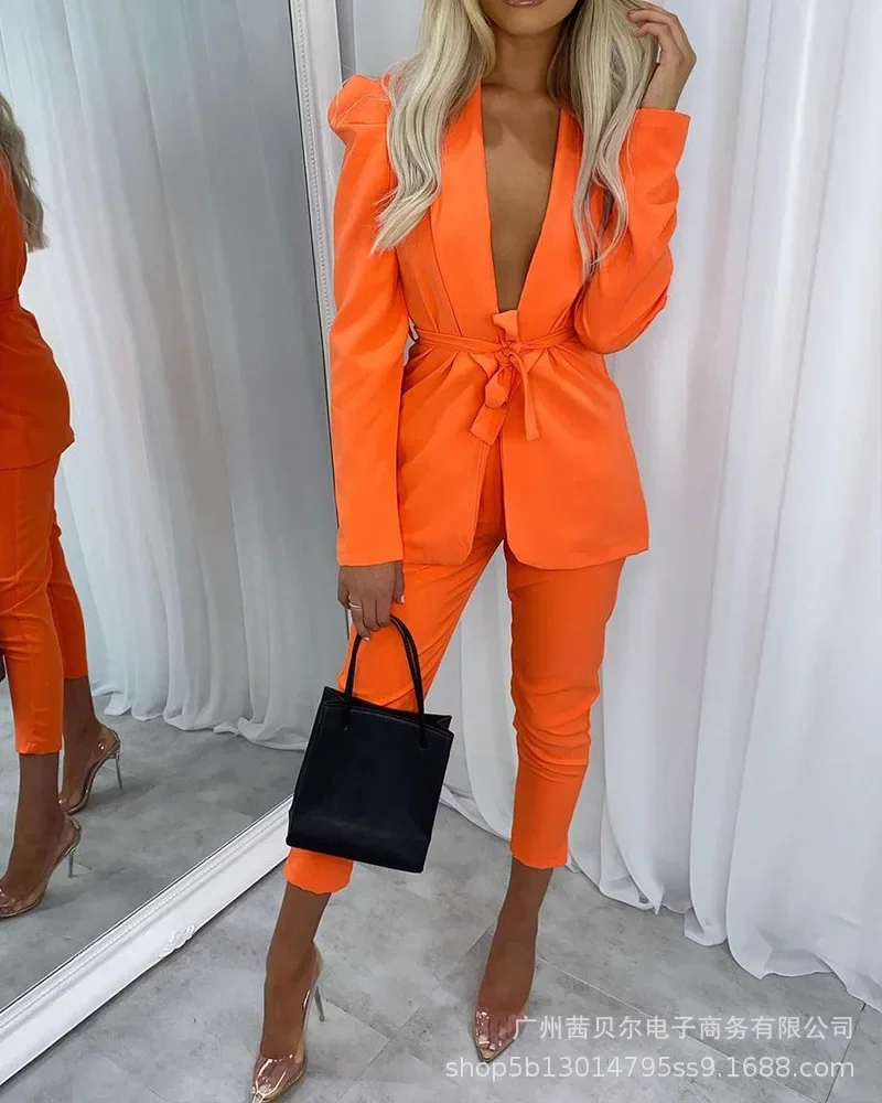 

Shawl Collar Puff Sleeve Belted Blazer & Pants Set Women Sets Two Piece Long Sleeve Cardigan Belt Slim Fit Office Lady Sexy