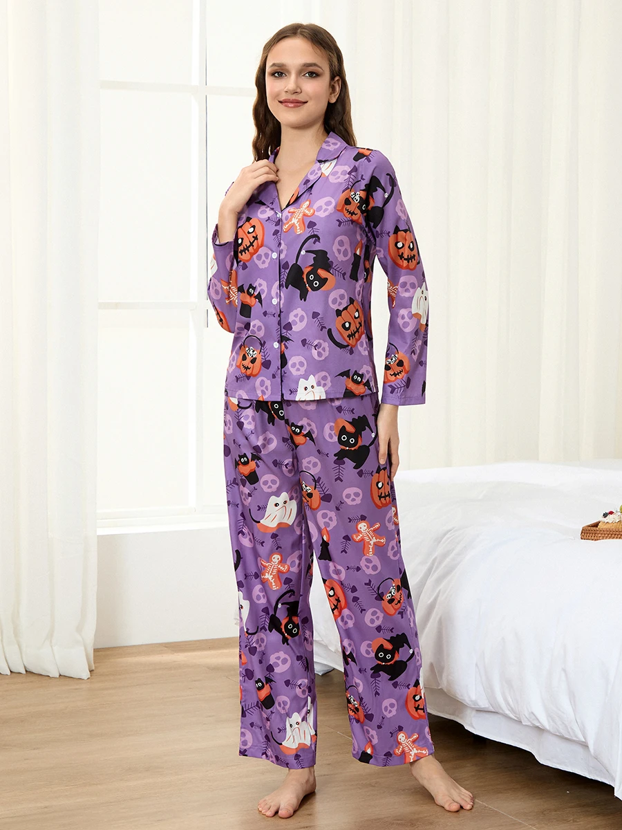 Women’s 2 Piece Halloween Pajama Set Long Sleeve Cartoon Print Button Up Shirt Pants Loungewear