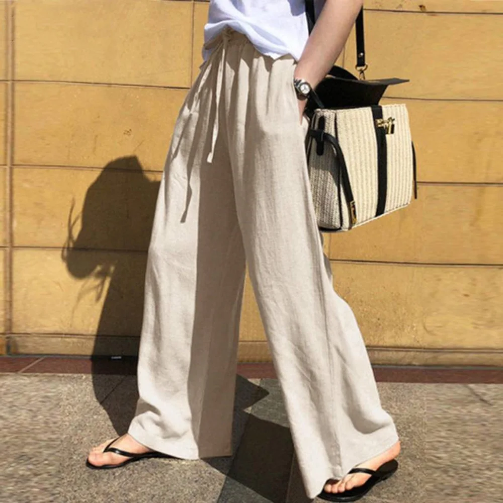 

Casual Women Long Trousers Pants Wide Leg Elastic Waist Deep Crotch Loose Drawstring Solid Color Full Length Female