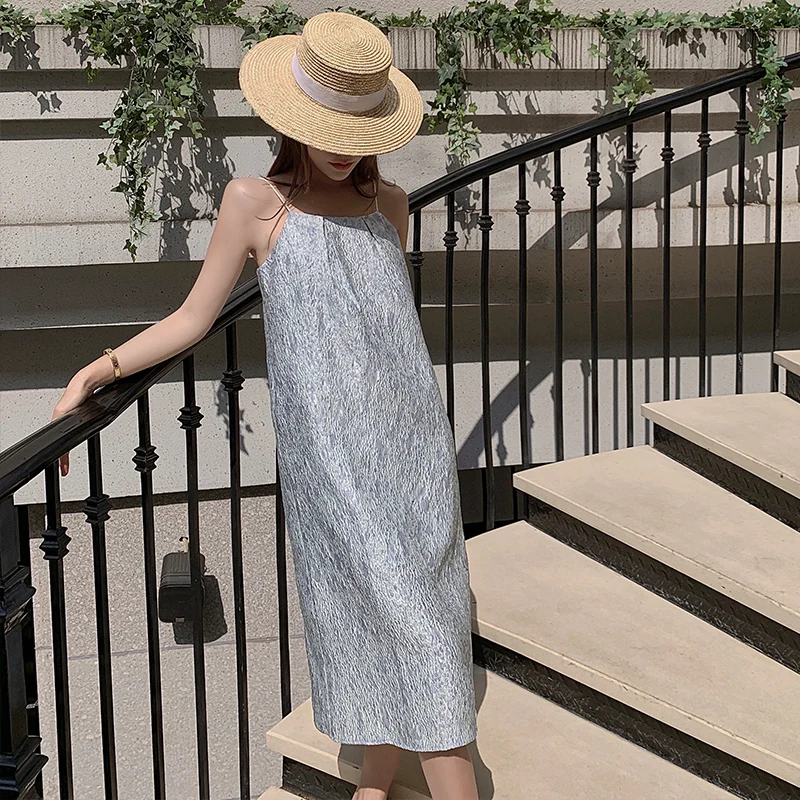 

NEW Women Long Slip Dress Summer 2022 Runway Loose Grey Backless Sun Dress Tropical Beach Vacation Party Night Vestidos