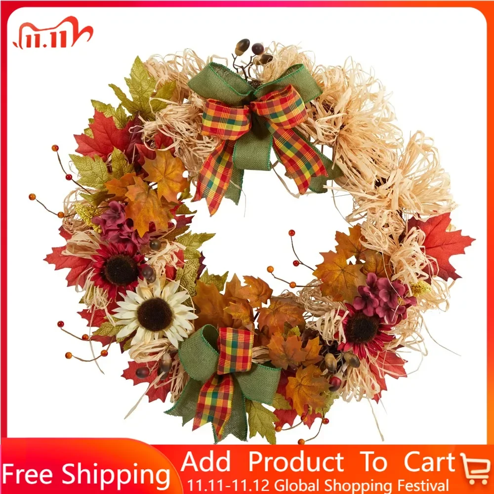 

Thanksgiving Decoration Plastic Artificial Fall Wreath (Multicolor) With Sunflower Berries Maple Leaves Free Shipping Festive