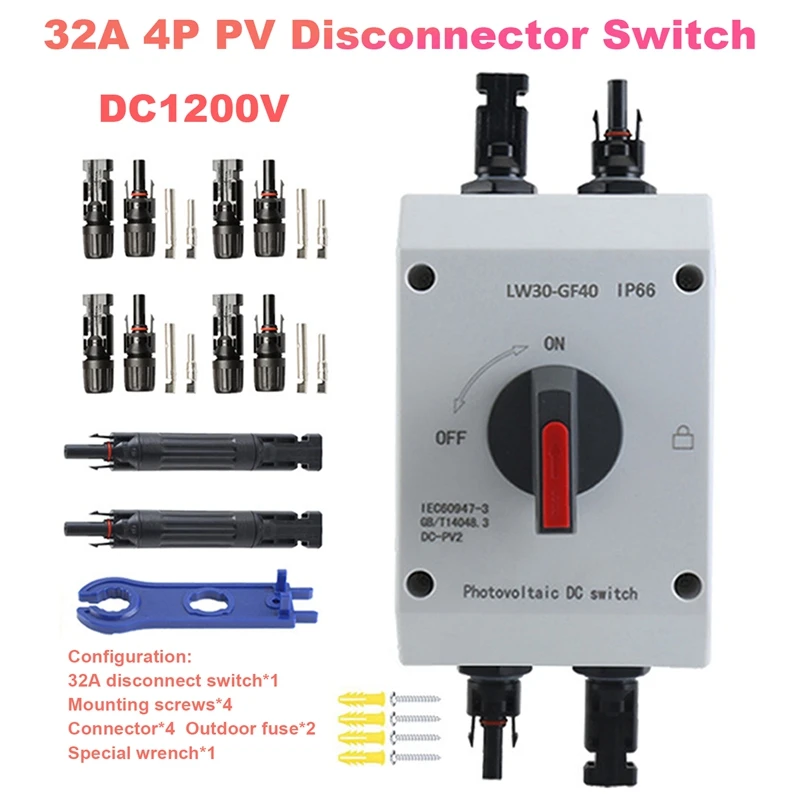 

JFBL Hot 32A 4P PV Disconnector Switch+Connector+Fuse+Wrench DC1200V GF40 Outdoor IP66 Waterproof Rotary Switch For Solar