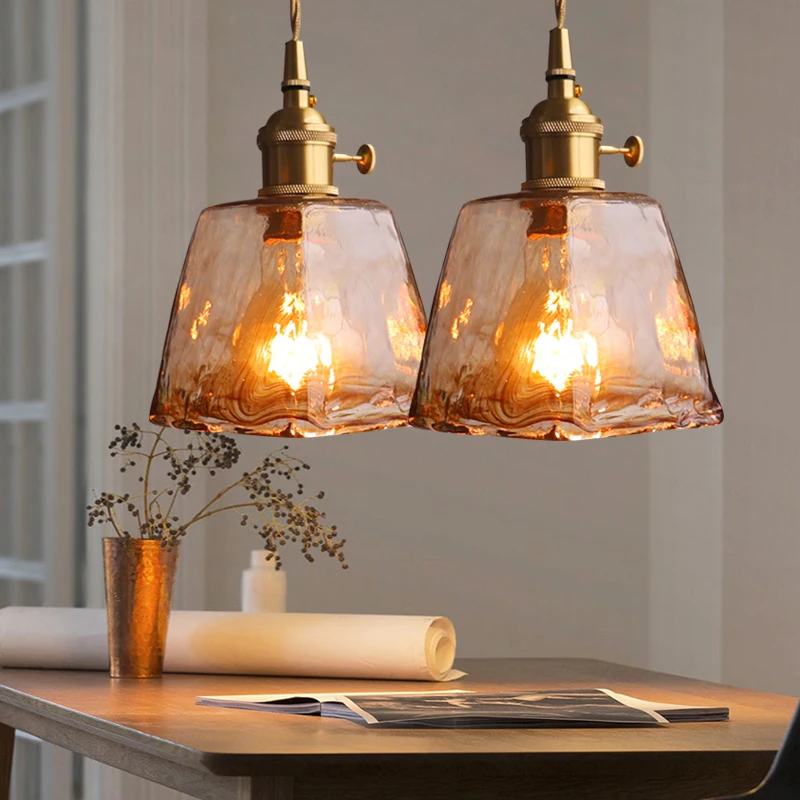 Nordic Retro Japanese Brass Glass Pendant Lamp Homestay Bar Restaurant Bedroom Bedside Lamp Creative Small Hanging Lights