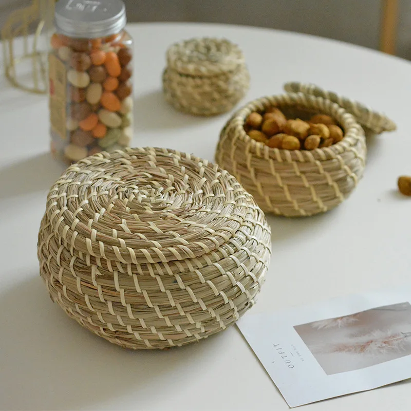 

Rattan Desktop Storage Box Straw Pastoral Style Storage Organizers Cosmetics Jewelry Paper Toy Storage Basket Household Products