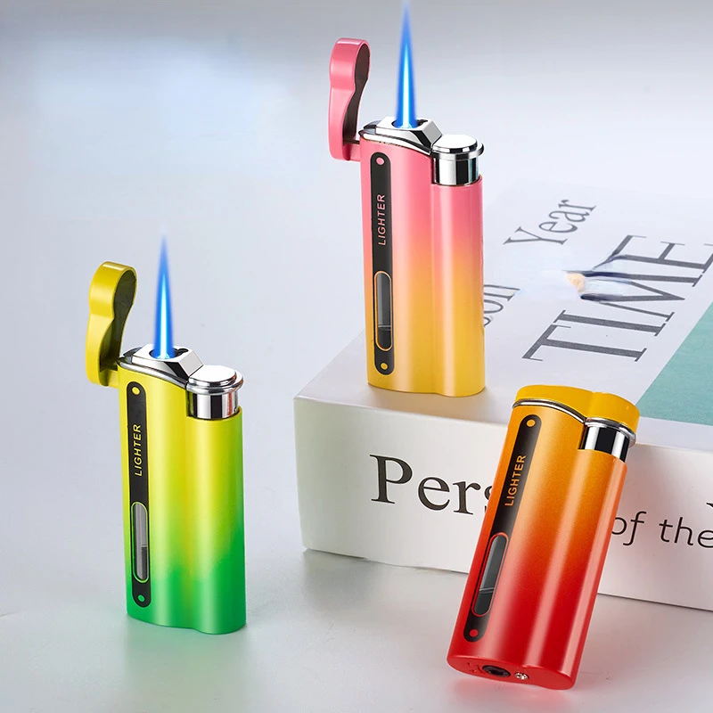 

Metal Highpressure Jet Blue Flame Windproof Lighter with Gradient Color Perspective Gas Window Inflatable Lighter Cigar Lighter
