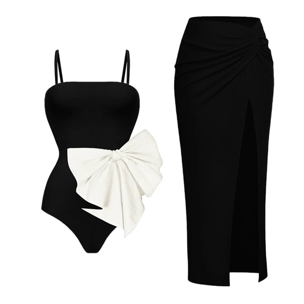 

Fashion Bow One Piece Swimsuit with Skirt Halter Strap Swimwear Woman 2023 Holiday Beach Bathing Suit Solid Color Black Bikini