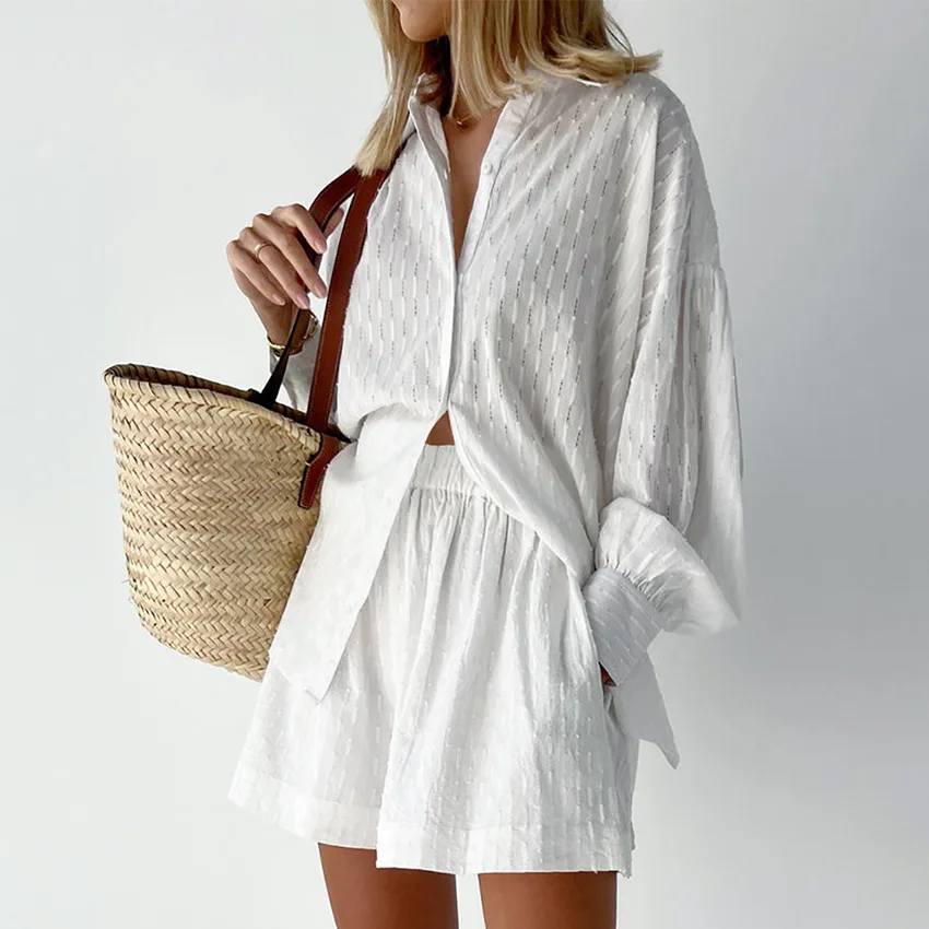 Женский жаккардовый костюм для отпуска, элегантный белый костюм из двух предметов, рубашка с длинным рукавом и популярные брюки, лето 2022
