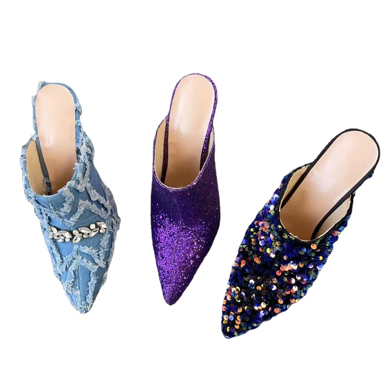 Classic Denim Luxury Crystal Tassel Slingback Slides Women Pointed Toe Blue Slip-on High Heels Slippers Lady Dress Banquet Shoes