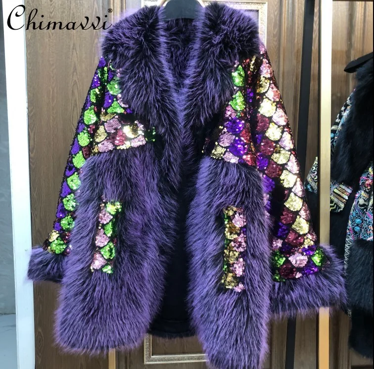 Fur 2022 Winter Fashion Luxury Long Sleeve Toka Double Face Wool Leather Warm Jacket Heavy Sequins Casual Elegant Coat Women