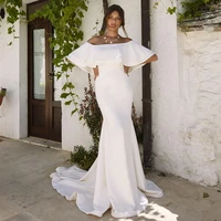 modern wedding dress for women mermaid boat neck short sleeves bridal dresses satin simple bride gown vestido de novia