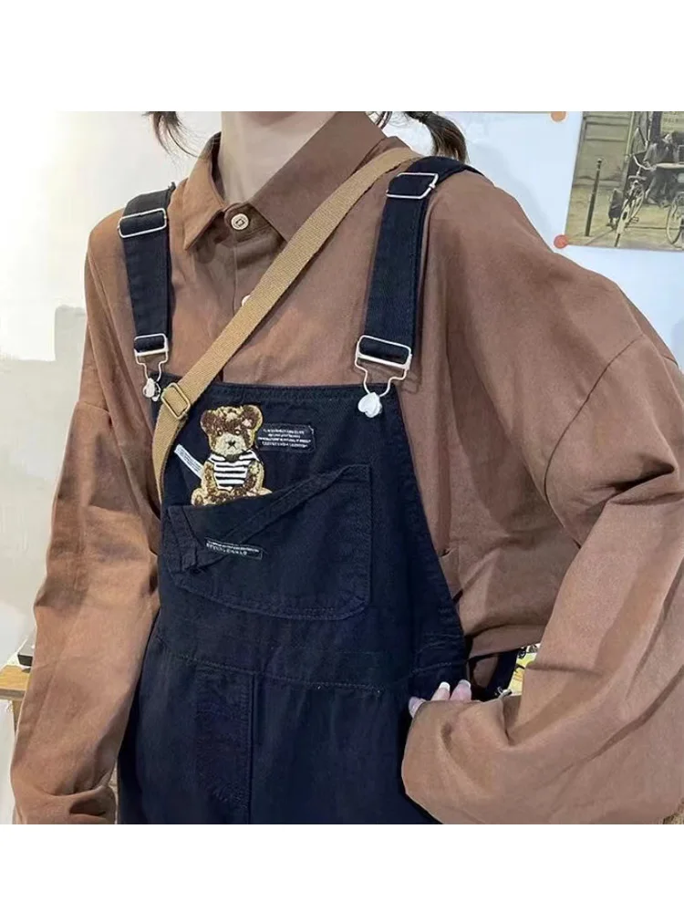 

QWEEK Preppy Cute Bear Overalls Women Oversied Kawaii Vintage Black Jeans Pants Korean Fashion Soft Girl Japanese Style Trousers
