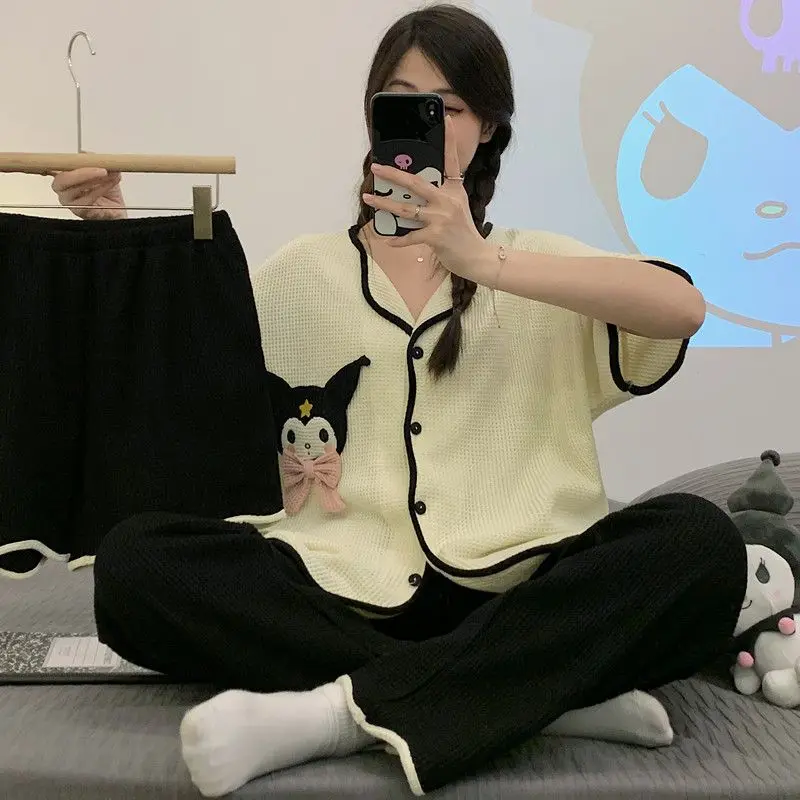 

Kawaii Sanrio Kuromi Cinnamoroll Cute Cartoon Ladies Summer Cotton Pajamas Waffle Thin Section Home Clothes Can Be Worn Outside