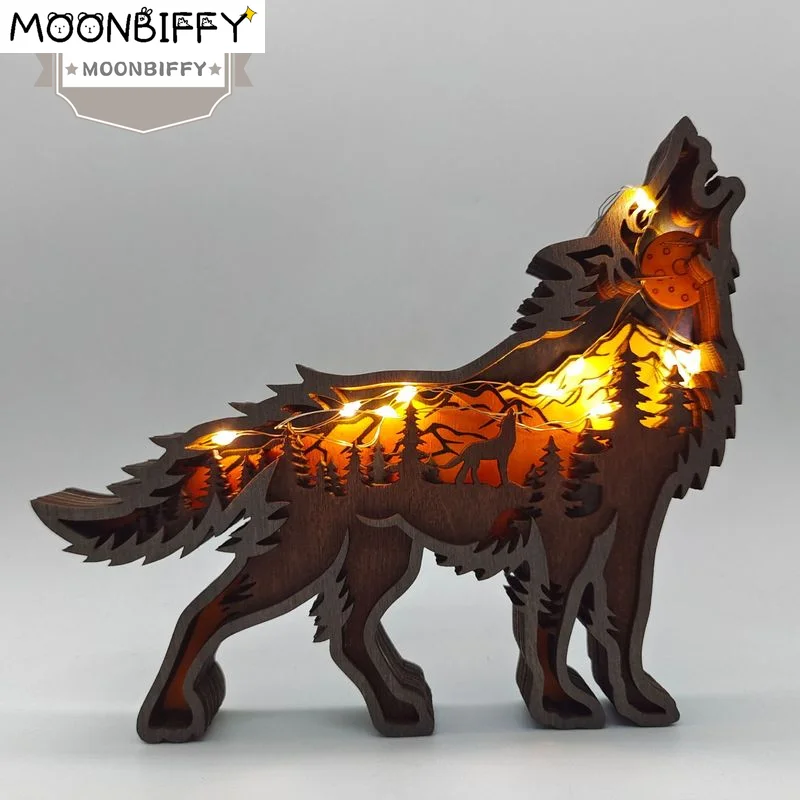 

Wooden Hollow Wolf Decoration LED Lights Wood Carving Animal Crafts Desktop Accessories Home Decoration Carving Ornaments