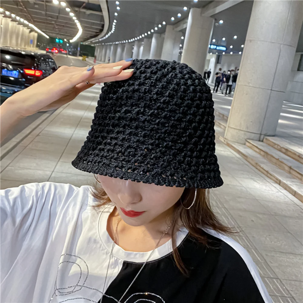 

Solid Color Braid Bucket Hat for Women Summer Hollow Out Breathable Beach Hat Knit Dome Fisherman Caps Lady Sunshade Panama Cap