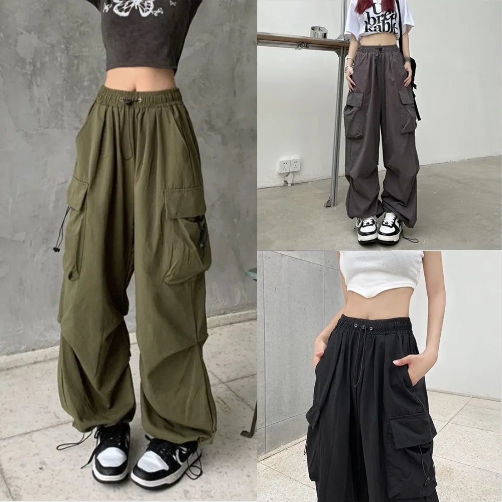 

Women Vintage Harajuku Cargo Pockets Wide Leg High Waist Straight Joggers Baggy Y2k Hip Hop Sweatpants Techwear Overalls