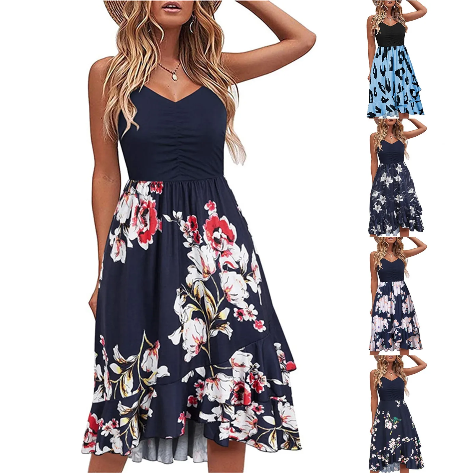 

Повседневные платья для женщин, цветочные оборки, тонкие бретельки, а-силуэт, V-образный вырез, искусственное Ассиметричное платье