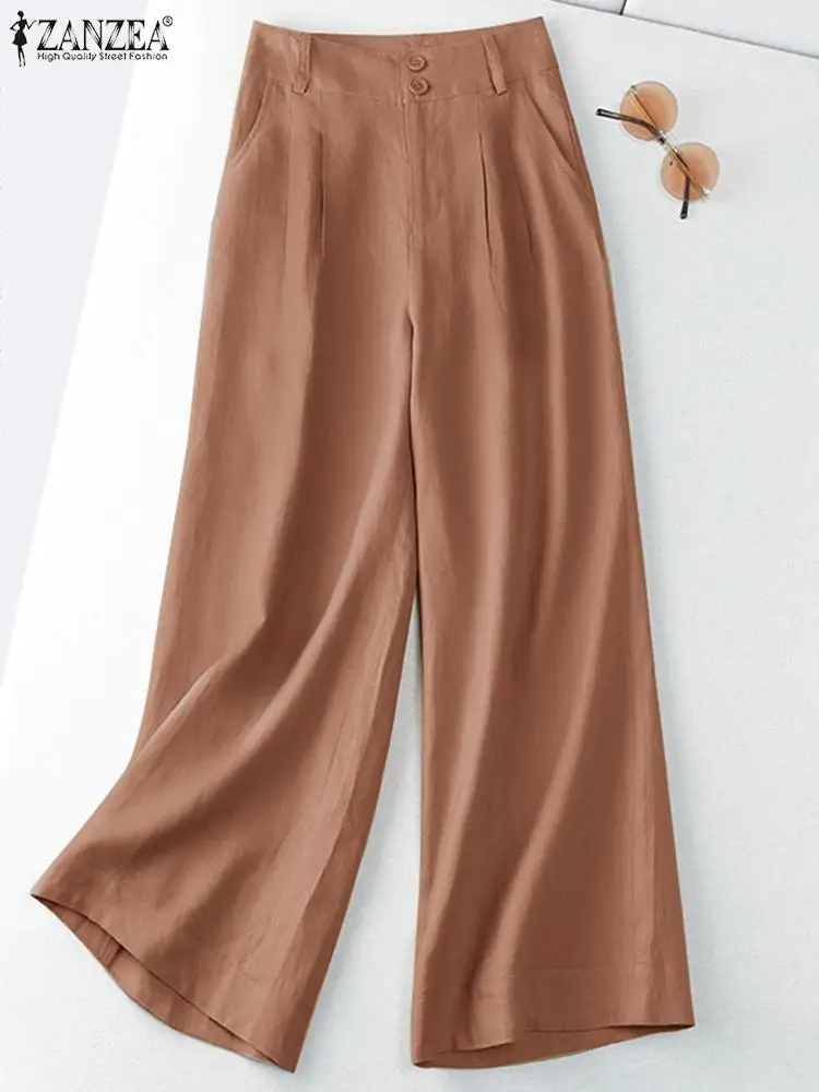 

ZANZEA Fashion Summer Women High Waist Wide Leg Trousers Casual Loose Work Palazzo Female Pantalon Oversize Solid Long Pants