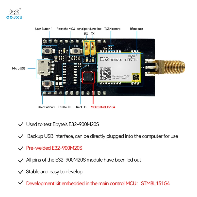 Cojxu SX1276 868/915MHz LoRa USB to TTL Test Board Kit E32-900MBL-01 with E32-900M20S Compatible for E07/E30/E220/E32/E22 images - 6