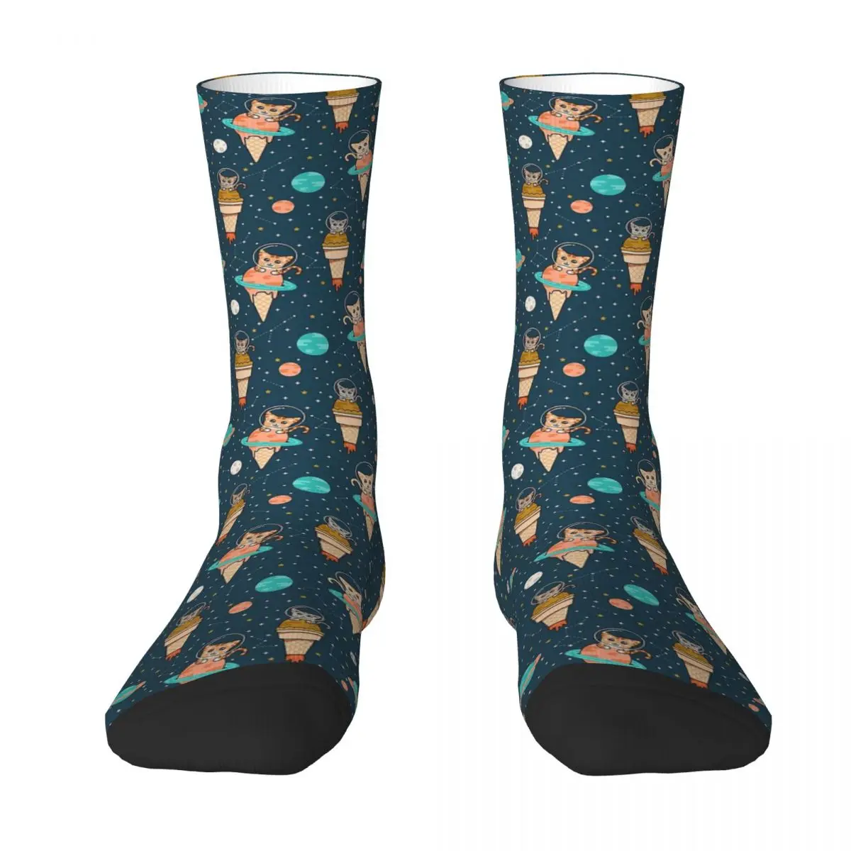 Cats Floating On Ice Cream In Space Thick Contrast Color Socks 5% Spandex Novelty Socks Middle Tube Socks Graphic Men's Socks