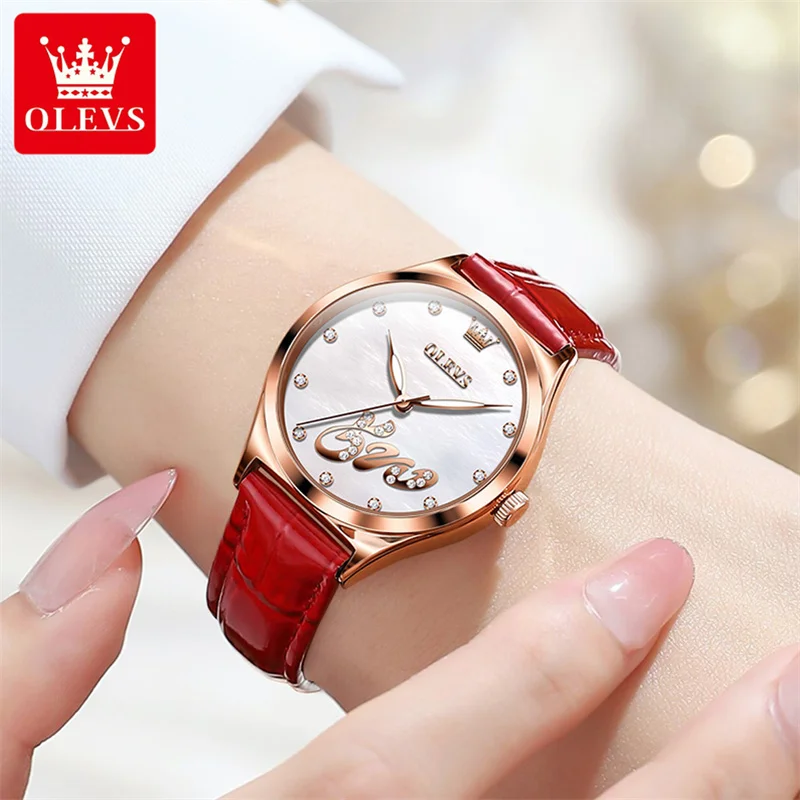 OLEVS Watch Women Diamond Leather Quartz Wristwatch Waterproof Luminous Rose Gold Red Ladies Watches Girlfriend Gift reloj mujer