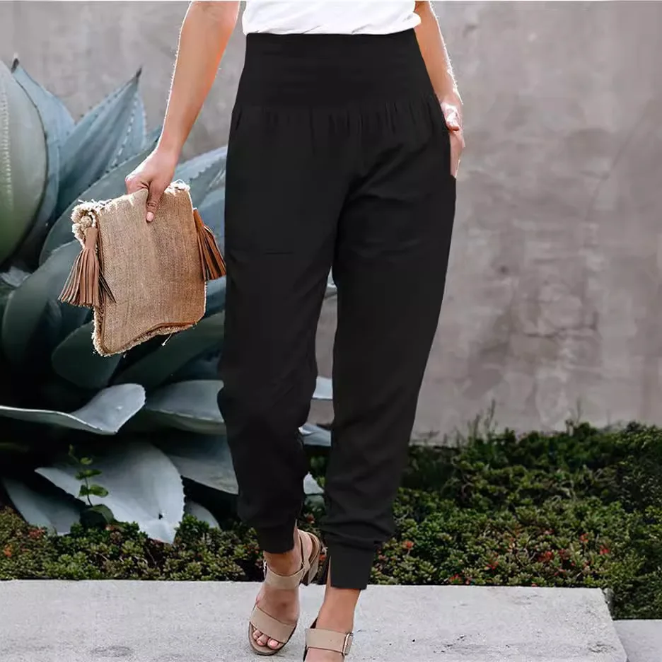 Женские повседневные брюки из полиэстера однотонные с эластичным поясом и