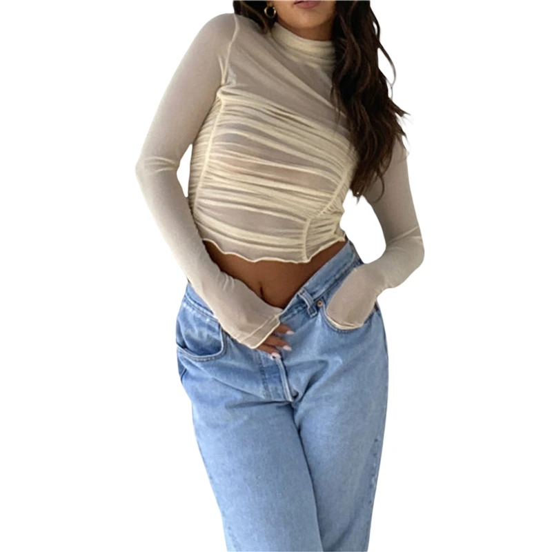 

Mesh Crop Top y2k Aesthetic Clothes Women Solid Color See Through Ruched Mock Neck Long Sleeve T Shirts 2000s Tees Streetwear