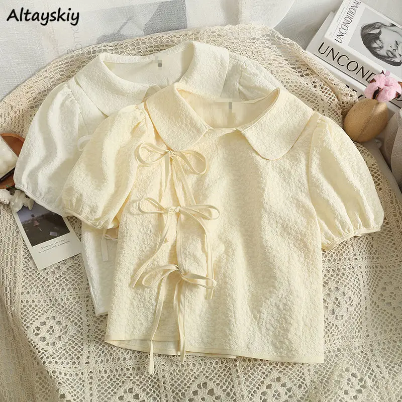 

Blouses Women Basic Design New Kawaii Students Sweet Leisure Summer Feminino Slim Bandage Simple Puff Sleeve Ulzzang Daily Soft