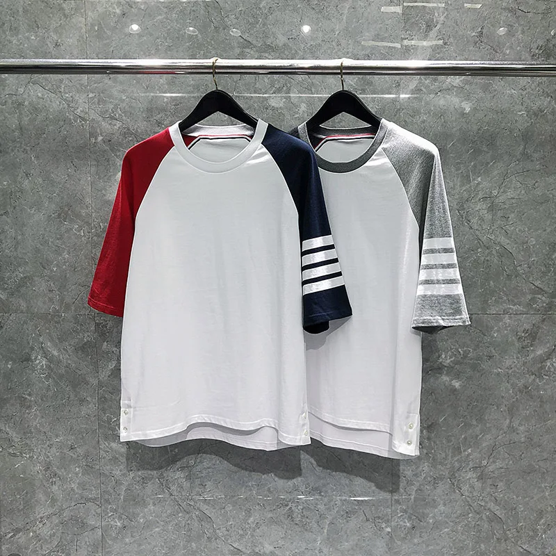 TB THOM Men's T-Shirts Harajuku Patchwork Color Blouses White 4-Bar Stripes O-Neck Top Women Summer Fashion Brand Casual T shirt
